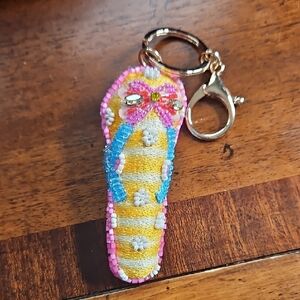 Anthropologie Beaded Yellow and Pink Flip Flop Keychain